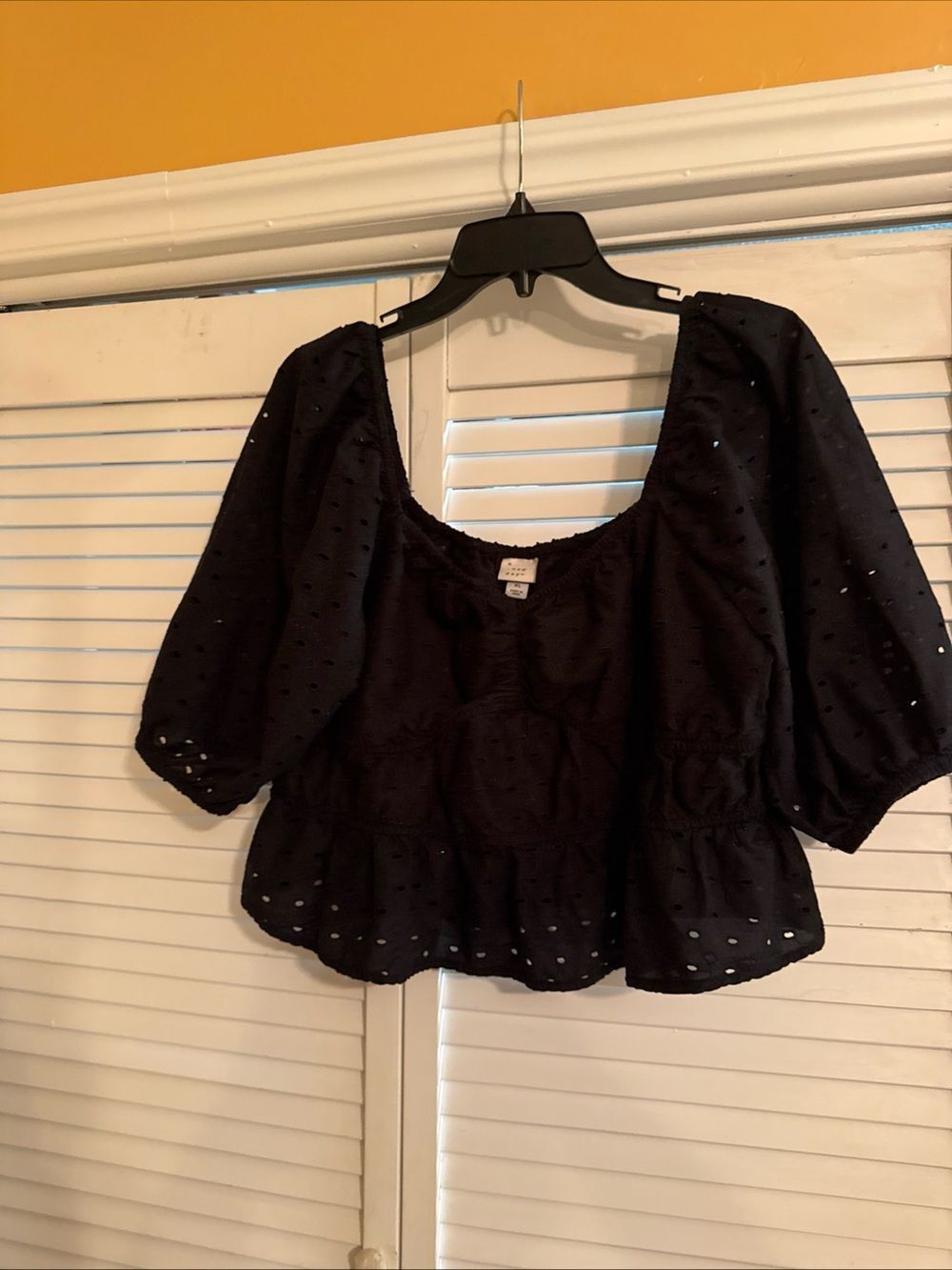 a new day Black Eyelet Peplum Puff-Sleeve Top